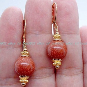 Authentic 12mm Handmade Gold Sand Stone Gems Gold Plated Leverback Dangle Earrings