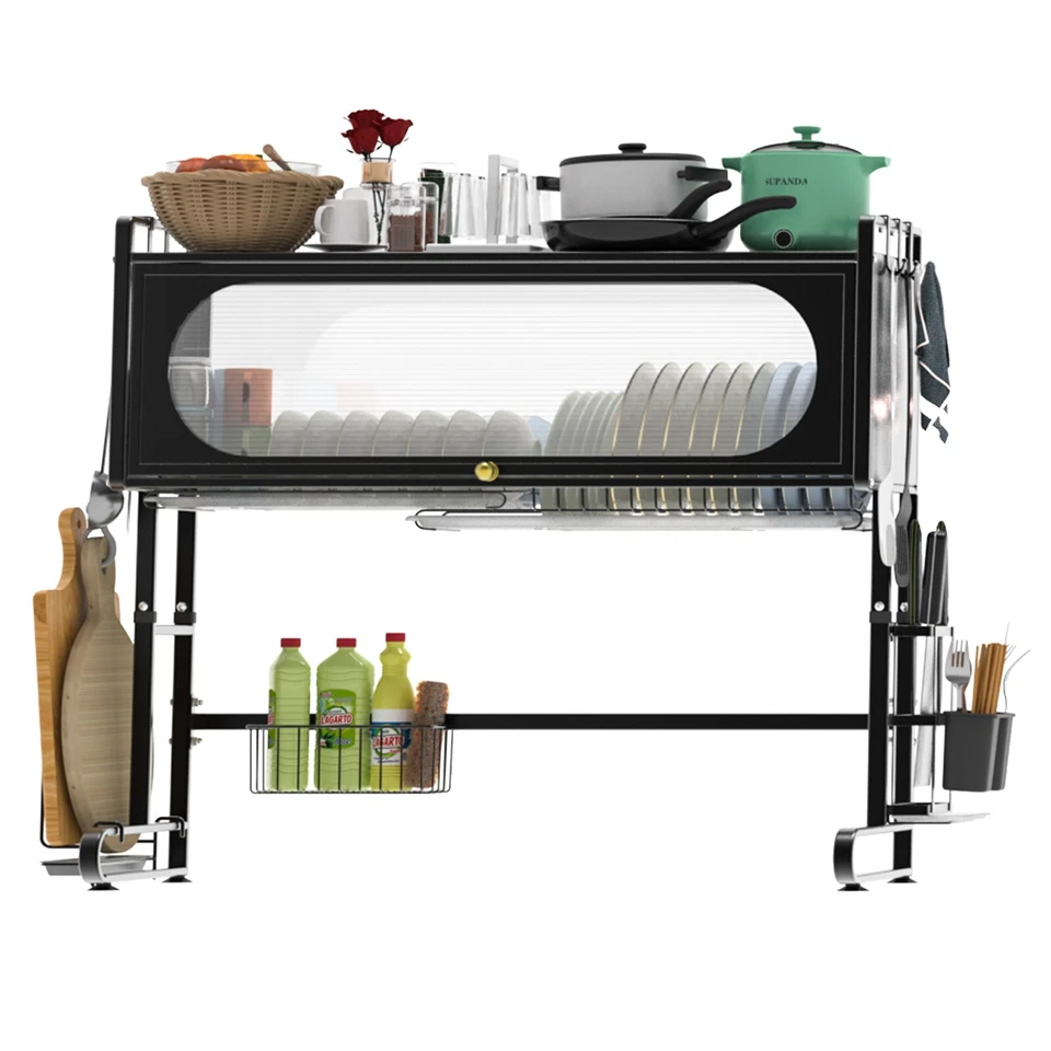 Estante de secado de platos grande de 3 niveles de metal para cocina con tapa Foto 4 de 4