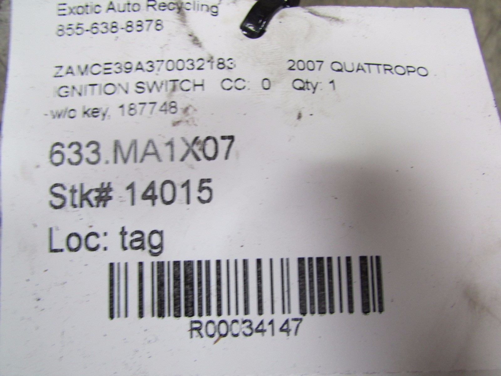 Maserati Quattroporte, Ignition Switch, P/N 187748, Used