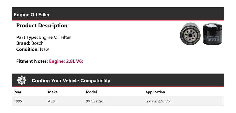 Filtro de aceite de motor Bosch V6 2,8 L 1995 Audi 90 Quattro Foto 2 de 3