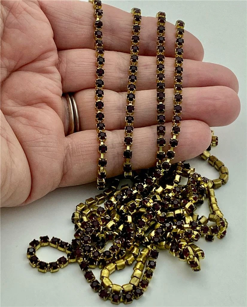 6 Feet Vintage 3MM Red Rhinestone Gold Tone Brass Chain for