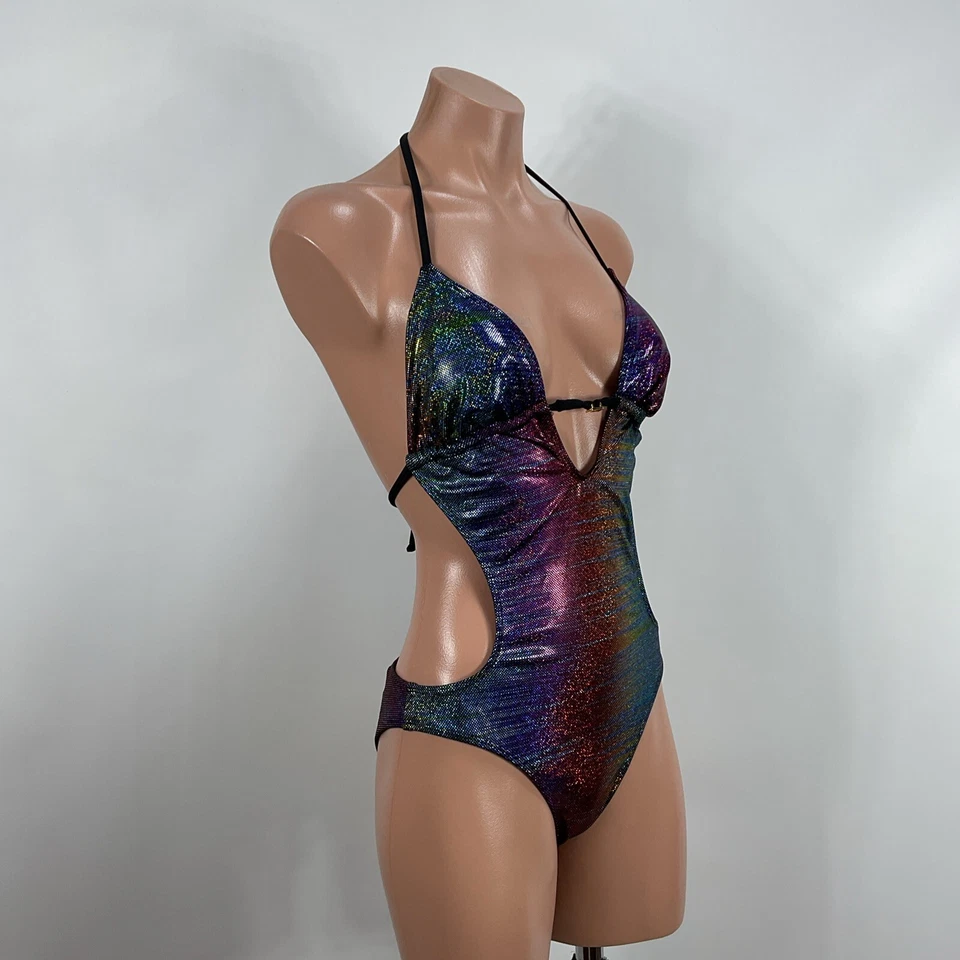 Vintage Guess NWOT Rainbow Sequin Y2K Monokini Swimsuit S USA MADE Rave Bodysuit - Image 4 of 4