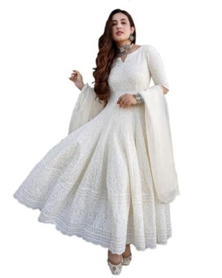 white color anarkali dress Dupatta Ruffle Colour White Anarkali And Pant With Dupatta Attractive Embroidery Work White Color