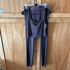 High Waisted Leggings set Crop Tank Tops 2 Piece Outfits Chocolate Brown XL NEW