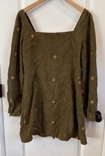 Cider Dress XL Green Corduroy Floral Embroidered Long Sleeve Sunflower Cottage