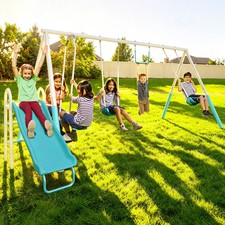 Metal Swing Set with 2 Swings, Glider, Trapeze Bar, 5 ft Slide