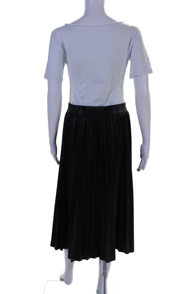 Designer Leather Embossed Textured Elastic Waist Lined Pleated Skirt Black Size - Image 3 of 4