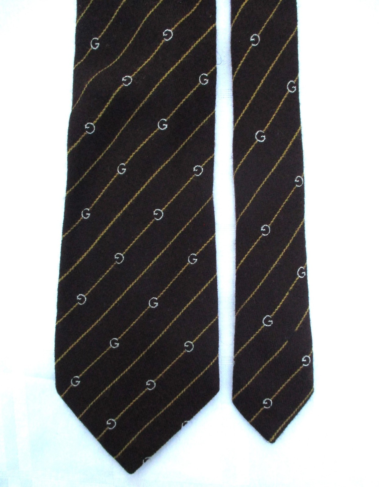 Vintage 70s Gucci Brown Wool and Silk Striped G Logo Tie Italy 57.5 x 3.75 thumbnail 3