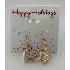 Dangle Christmas Tree Earrings Rhinestone Gold Tone Holiday Dangles