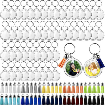 100 Stck. Kreis Acryl Fotorahmen Schlüsselanhänger mit Quasten Snap-In Individueller Einsatz Ph