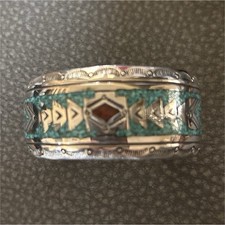 Original Frances Belay Inlay Cuff Bracelet Geometric Design turquoise and coral.