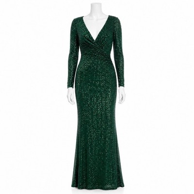 Ieena Mac Duggal Green Sequin Long Sleeve Gown Maxi Dress Women's 4 Event Gala
