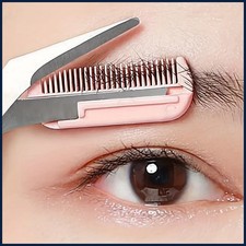 Pink eyebrow trimming scissors with builtin comb stainless steel precise