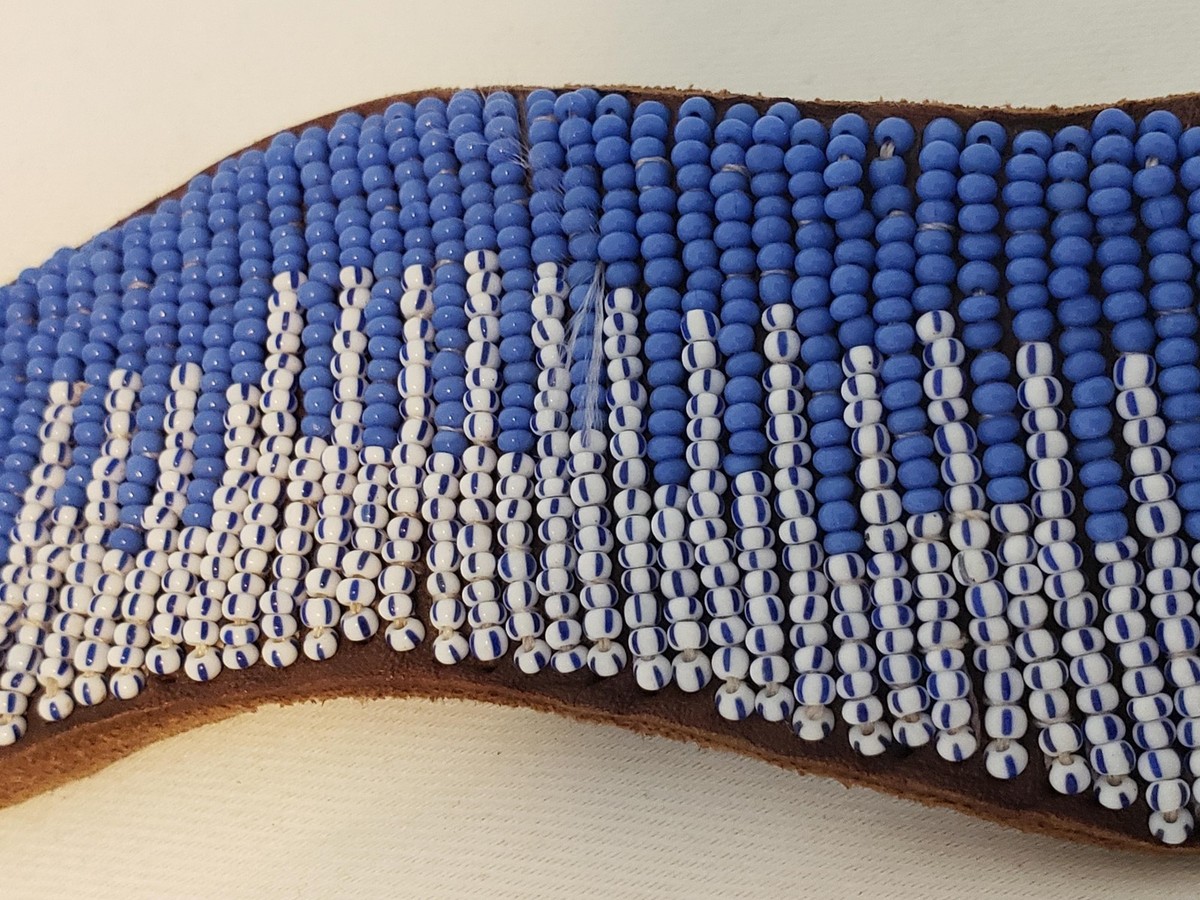 Vintage Snake Belt Hand Beaded Blue White Beads Genuine Leather Made in Kenya View 6