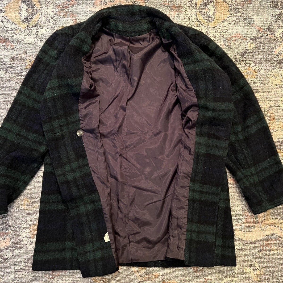 Vintage 80s Wool Black Watch Tartan Plaid Coat Jacket Green