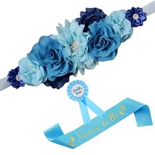 Blue Maternity Flower Sash Belt Pregnancy Belt for Mom to be Baby Shower Girl...