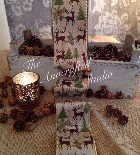 CHRISTMAS WIRED RIBBON & BOWS - 63mm VARIOUS DESIGNS & LENGTHS GIFT WRAPPING - Picture 17 of 36