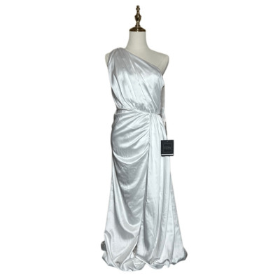 NWT Ieena for Mac Duggal White Gathered One Shoulder Satin Faux Wrap Gown Size 6