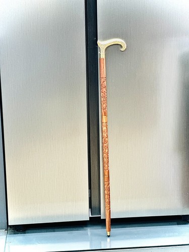 Antique Hand Carved Wooden Walking Stick Cane Solid Brass Handle Vintage Gift - Picture 2 of 5