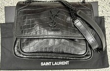 Saint Laurent Calfskin Crocodile Embossed Baby Niki Chain Satchel Black