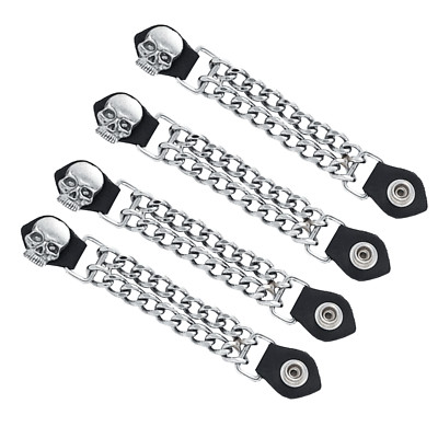 4 pc Motorcycle Vest Extenders Skull 6.5 Inch Long Chain Chrome with Leather