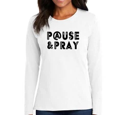 Womens Long Sleeve Graphic T-shirt - Pause and Pray Black Illustration