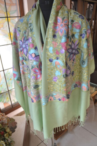 GRANDE SCIALLE FLOREALE KASHMIR RICAMATO A MANO 100% CASHMERE VERDE PASHMINA INVOLUCRO - Foto 4 di 10