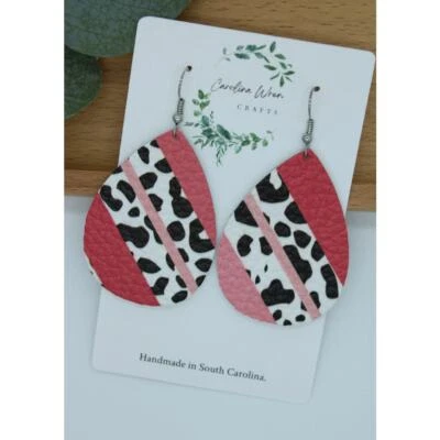 Lightweight Genuine Leather Animal Print with Pink Stripes Teardrop Earrings - Image 1 of 3