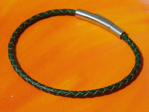 Ladies 3mm Green braided leather & stainless steel bracelet by Lyme Bay Art. - Picture 2 of 3