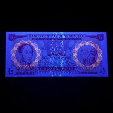 RARE Date Venezuela Note 5 Bolivares Jan 1974 Banknote Currency Under UV Light