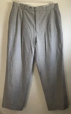 Berle Tailored Dress Pants Mens W34XL28 Gray Plaid Pleated Wool Cuffed Leg