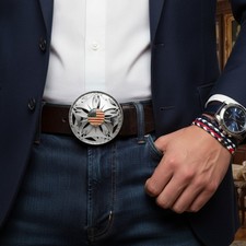Men Silver Metal Fashion Buckle Round Spinning USA Flag United States America