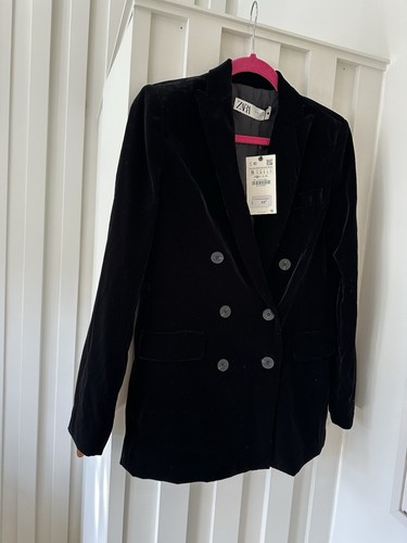 NUEVO Abrigo Blazer Chaqueta Zara Doble Pecho Terciopelo Negro Talla Pequeña £69.99 Nuevo con Etiquetas - Imagen 6 de 15