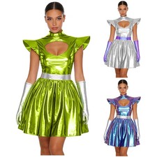 Women Alien Cosplay Dress Metallic Shiny Cutout Neck A-line with Gloves Costume