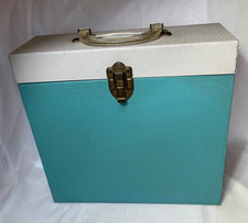 1950's Aqua Cream Metal 33 RPM LP Record Carrying Case, Storage Box w Handle