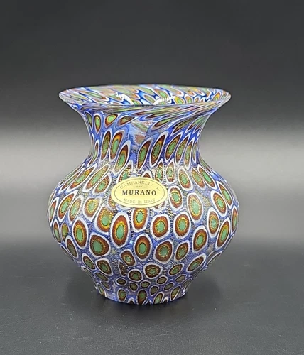 Vintage Murano Italy Millefiori Glass Peacock Gold Flecks Vase Campanella L