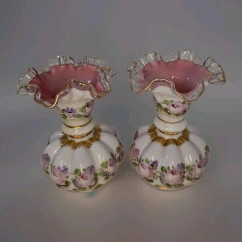 Fenton PINK Frill Lip Crest Melon Vases - Charleton Rose - 6.5" - lot of 2  CHOW