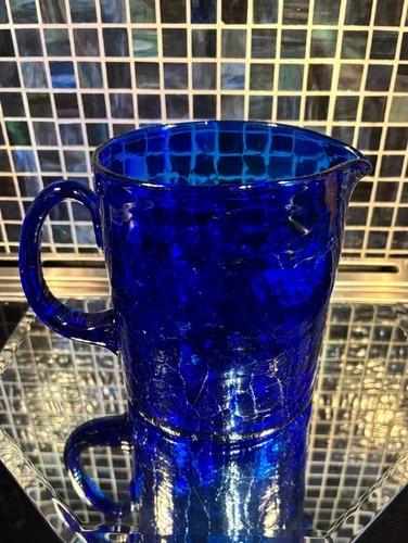 Blenko? Cobalt Blue Crackle Glass Water Pitcher Vintage 5 5/8" Tall Mint Con