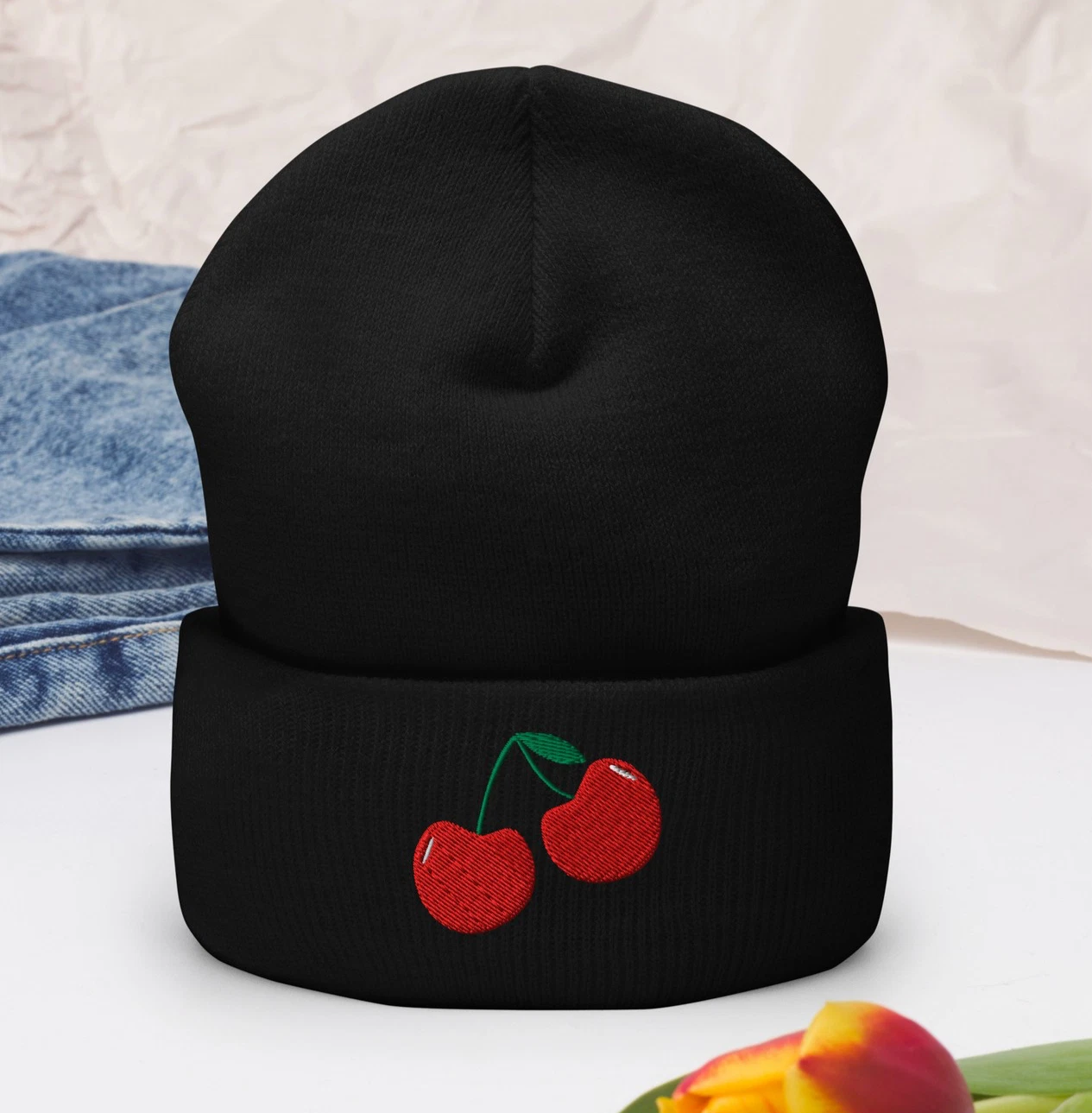 Embroidered Cherries Cuffed Beanie, Cute Girly Winter Hat
