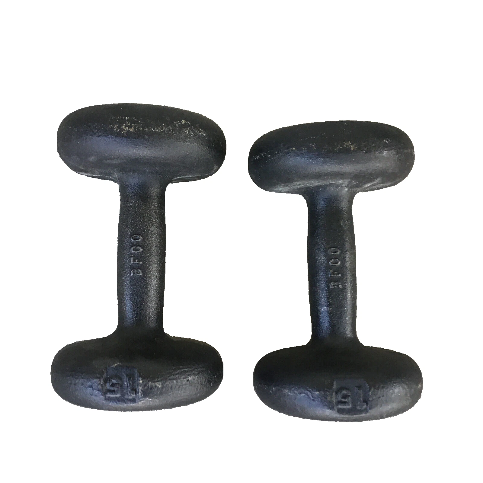 Vintage BFCO 2 X 15 Lb CAST IRON Bun Dumbbell Weights Total: 30 lbs Dumbbells