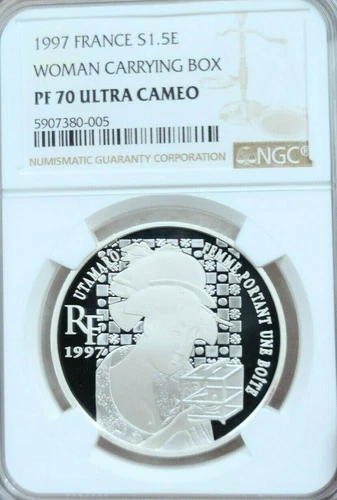 1997 FRANCE SILVER 1.5 EURO UTAMARO WOMAN CARRYING BOX NGC PF 70 ULTRA CAMEO 