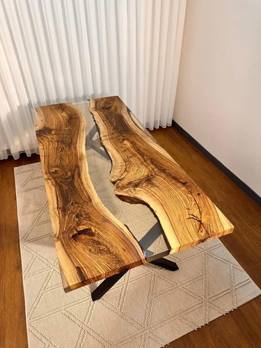 Amazing Clear Epoxy Resin Dining Table Top, Live Edge Wooden Furniture Decor - Picture 6 of 14