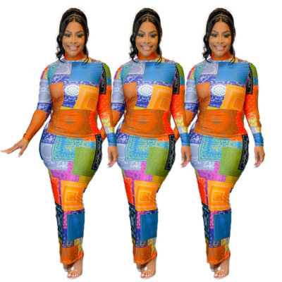 Fashion Women's Multicolor Print Long Sleeves Patchwork Bodycon Midi Dress Club