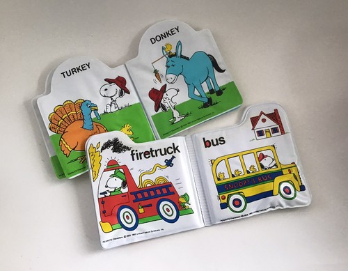 2 Vintage 1965 Squeak Vinyl Baby Books SNOOPY WOODSTOCK The Farm, Things That Go - Picture 3 of 3