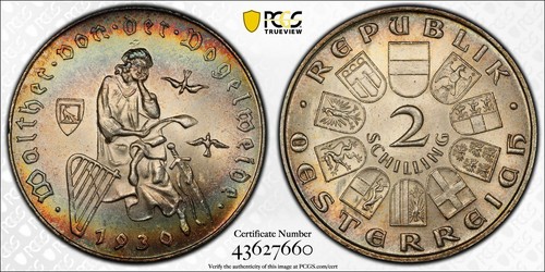MS65 1930 Austria Vogelweide Silver 2 Schilling, PCGS Secure- Rainbow Toned - Picture 4 of 6