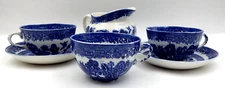 VINTAGE ENGLISH CHINA BLUE WILLOW TEA CUPS & CREAMER, DUNN BENNETT & CO LTD