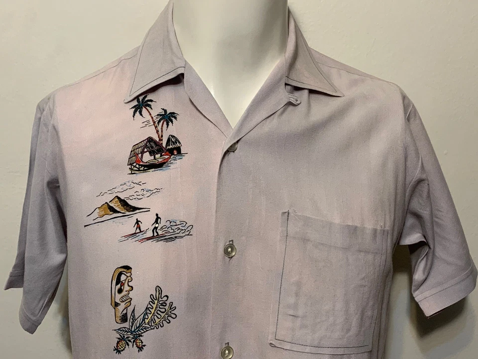 Vintage 1950s Hand Painted Hawaiian Aloha Shirt S Tiki Surfers Hut Loop Collar - Image 4 of 4
