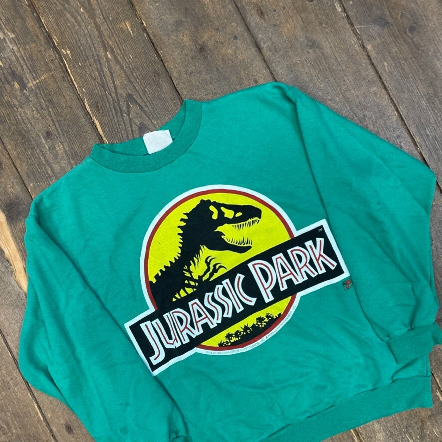 Jurassic Park Sweatshirt 90's Spellout Movie Graphic Jumper Green Kids Medium image 3