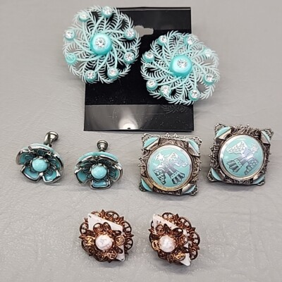 Vintage Screw Back Earrings Lot of 4 Blue Eagle Acrylic Copper 