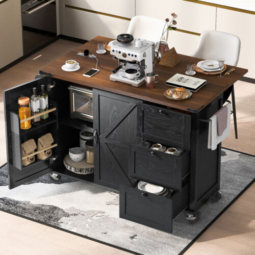 54.5" Farmhouse Kitchen Storage Island w/Power Outlet Wood Rolling Kitchen Cart